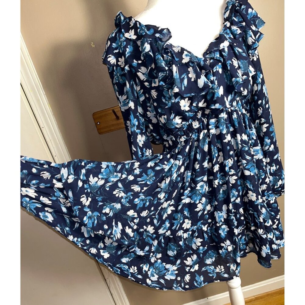 Abercrombie & Fitch Dress Blue Ruffles Full Skirt Tier Balloon Mini Boho Women L - Picture 3 of 12